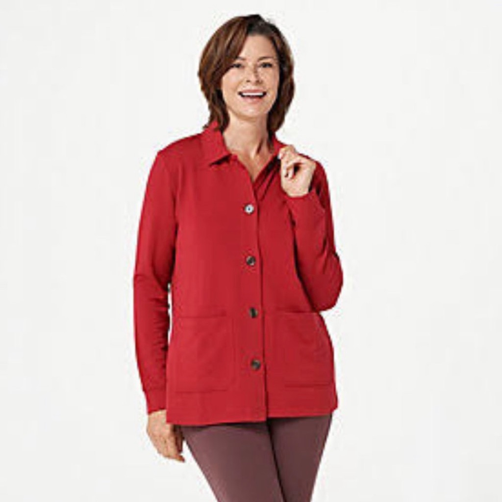 Cuddl Duds Comfortwear Button Front Jacket Red Front Patch Pockets Xs